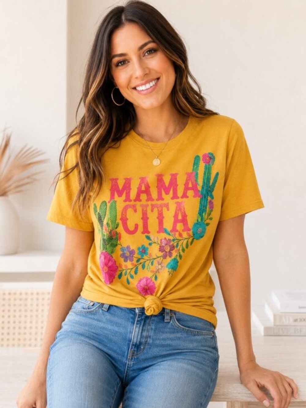 MAMA Cita Mustard Yellow Floral Cactus Graphic Tee Women’s NWT